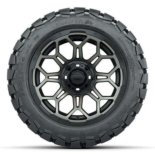 14″ Bravo Black/Bronze Golf Cart Wheels and 22×10-14 GTW Timberwolf Tires – Set of 4